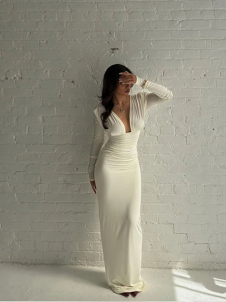 LIZAKOSHT  -  Sexy Deep V Neck Slim Hollow Out Gowns Women Solid Silk Pleated Long Sleeve Slim Maxi Dress New High Street Club Lady Vestidos