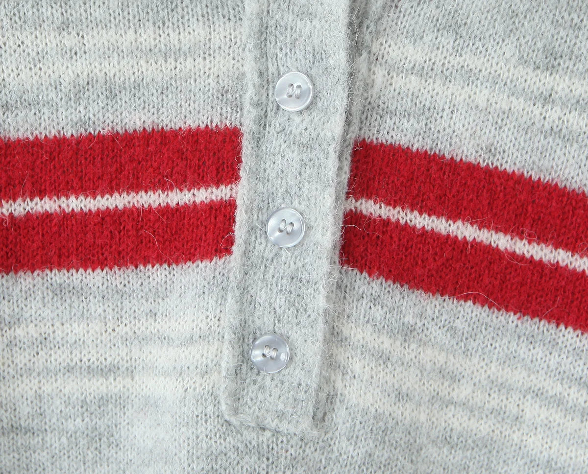 LIZAKOSHT  -  Fashion Knitted Striped Sweater Women 2025 New Autumn Vintage Loose Turndown Collar Pullover Casual Buttons Up Elegant Knitwear