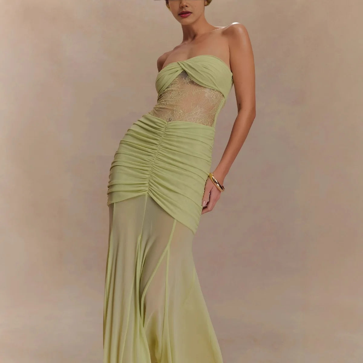 LIZAKOSHT  -  Design Sense Women's New Sexy Bandeau Long Skirt Pleated Mesh Panelled Sheer Lace Dress