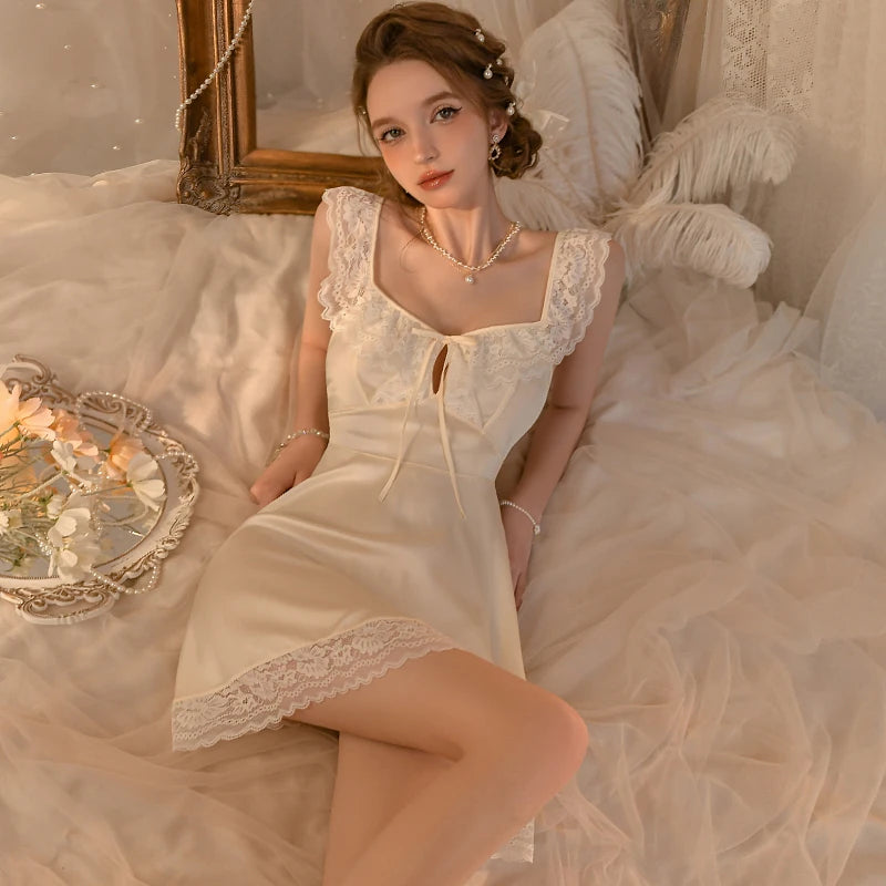 LIZAKOSHT  -  Sexy Lingerie Pajamas Summer Women's Sleepwear New Pure Ice Silk Lace Nightgown Small Chest Pajama Sleep Dress