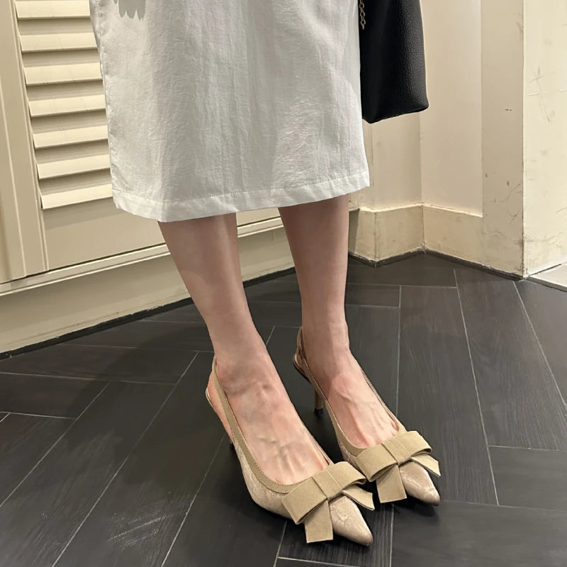 LIZAKOSHT  -  Bowknot Pointed Toe Thin Heel Women Sandals Elegant Satin Designer Heels Sexy Prom Backless Dress Shoes Zapatos De Mujer