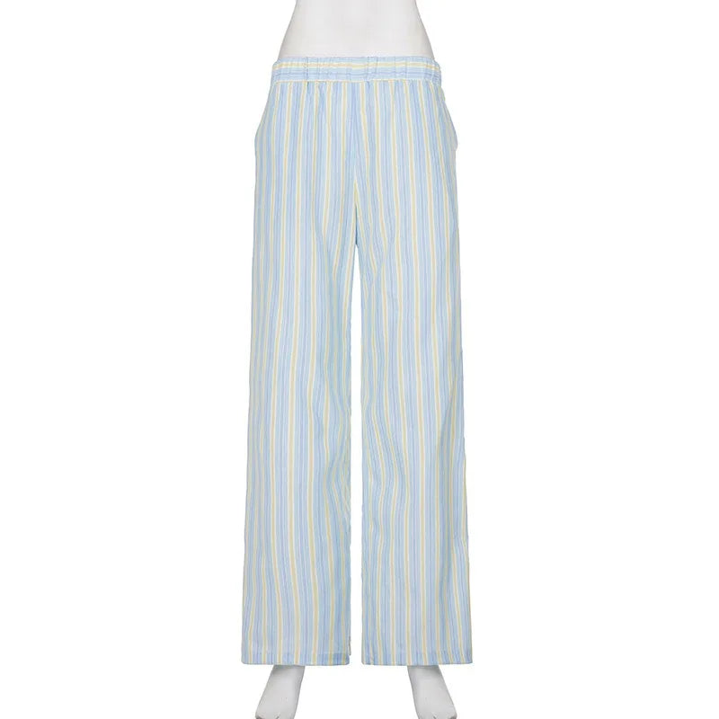 LIZAKOSHT  -  New Summer Euramerican Stretch Waist Loose Women Pants Y2k Beach Style Constrast Color Striped Trousers Lazy Harajuku Punk Pant