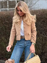 LIZAKOSHT  -  Vintage Women Elegant Tweed Golden Jacket Fashion Ladies Slim Single Breasted Jackets for Party Female Chic Outfits Cute