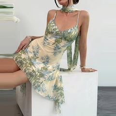 LIZAKOSHT  -  Fashion Print Off Shoulder Slim Dress Temperament Irregular Sleeveless Mini Dress Sexy Straps Backless High Waist Vacation Dress