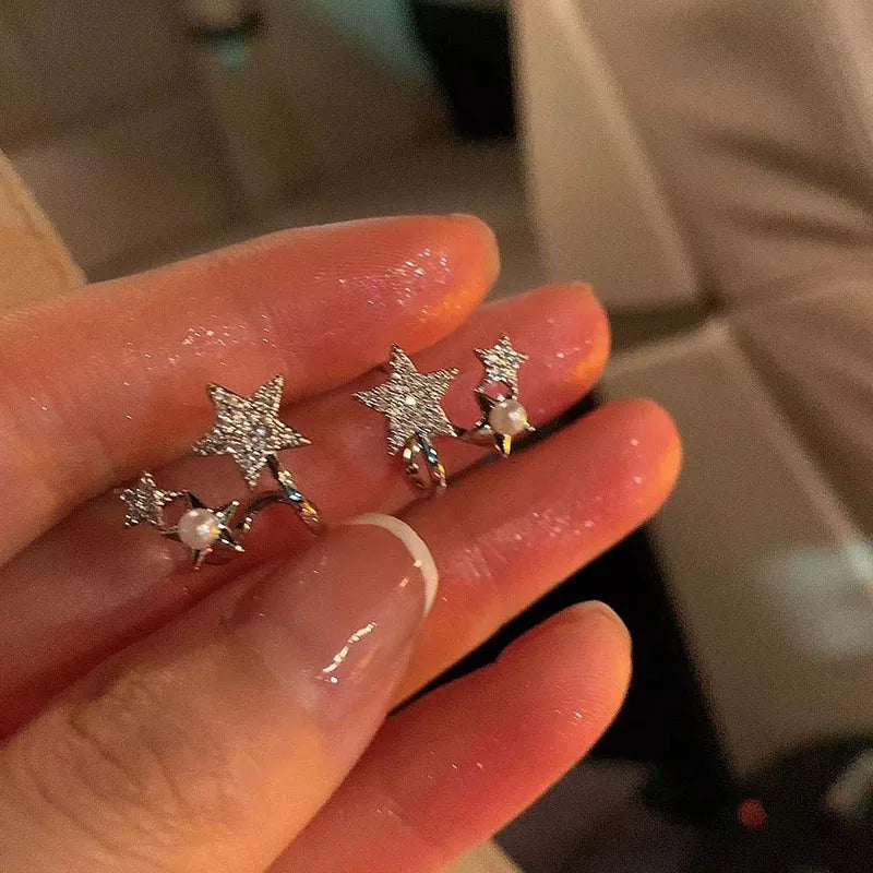 Lizakosht 2024 New Contracted Geometric Pearl Stars Earrings Korean Shiny Crystal Sweet Women Stud Earring Birthday Party Wedding Jewelry