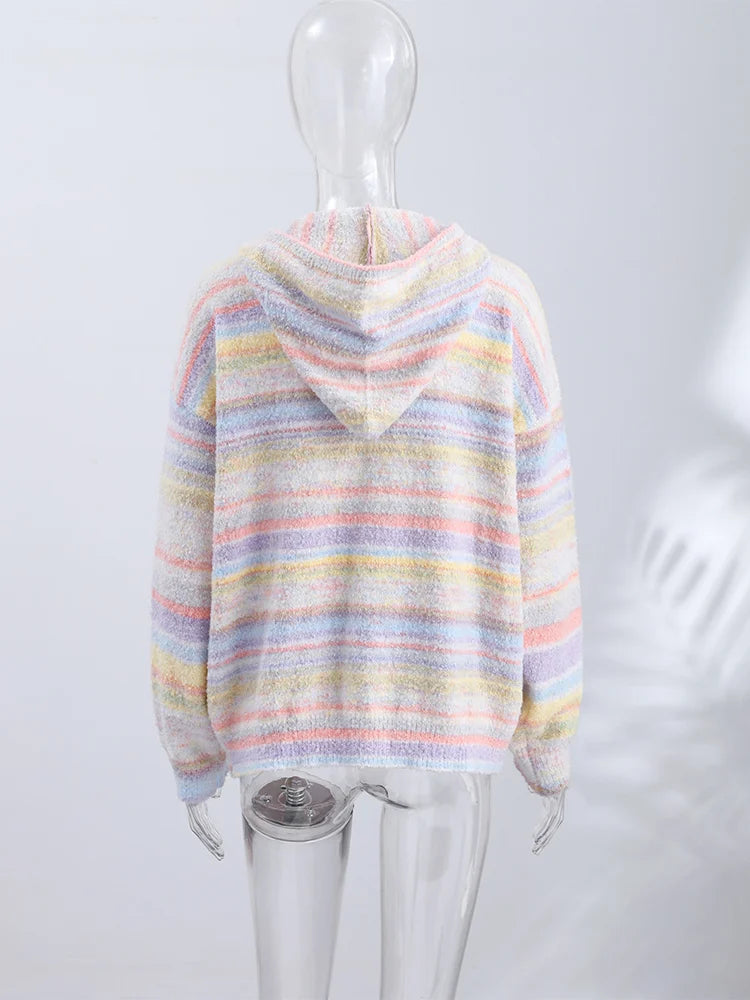 LIZAKOSHT  -  Knitted Rainbow Sweater Woman Hooded Cardigan Colorful Loose Knitwear Long Sleeve Jacket Zipper Coats Autumn Winter Outerwears