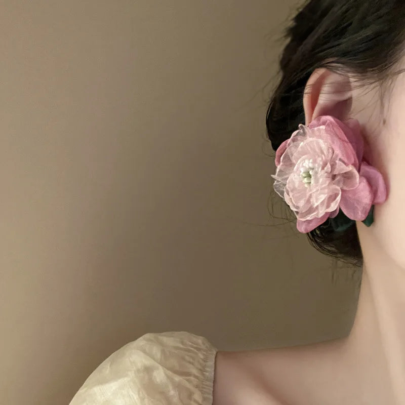 Lizakosht Oversize Pink Color Block Lace Flower Wedding Bride Stud Earring For Women Elegant Floral Charm Big Earring Jewelry