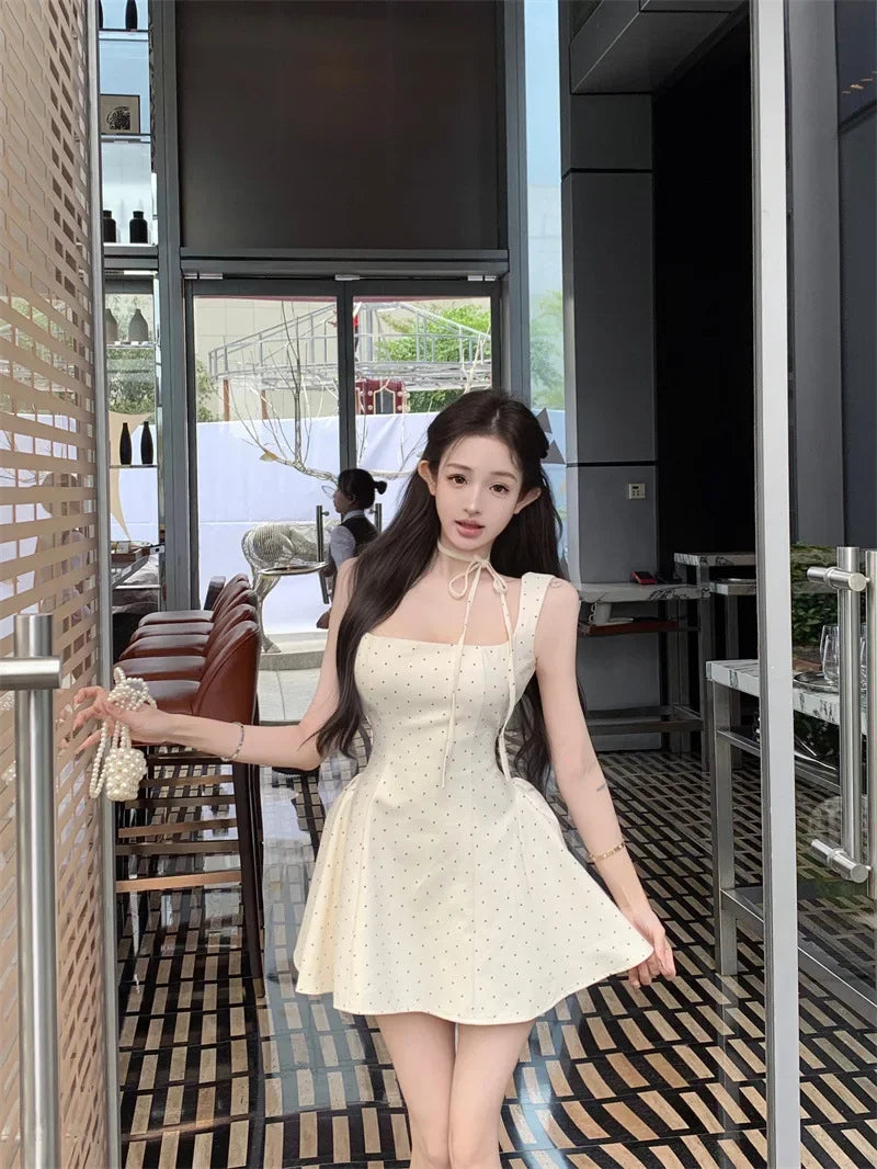 LIZAKOSHT  -  Original High Quality French Polka Dot Strap Dress Women's Summer Sexy Slimming Short Skirt Mini Dress Square Collar Sleeveless