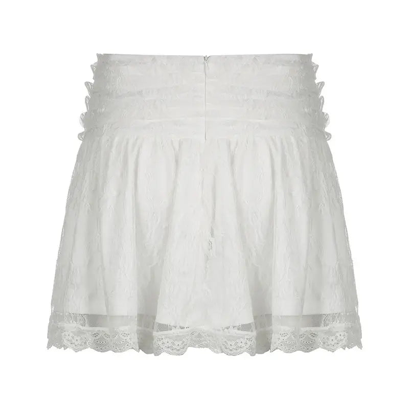 LIZAKOSHT  -  Mini Skirts Solid Patchwork Lace A-Line Pleated Skirts Basic Mid-Waisted Sweet Women Summer Fashion Streetwear Lady