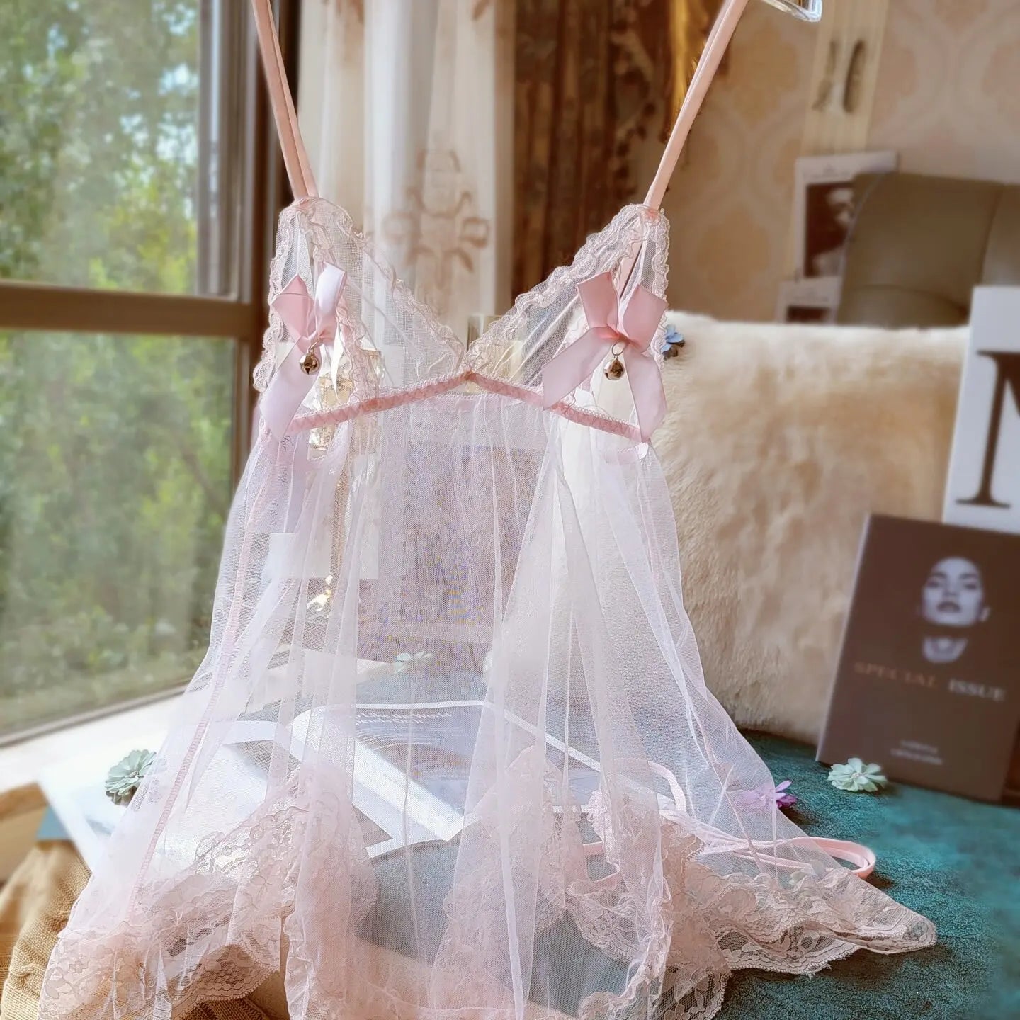LIZAKOSHT  -  Sexy Sleepwear Ladies Nightgowns Transparent Mesh Pajamas New Ultra-thin Lace Suspender Nightdress with Panty Lingerie Set
