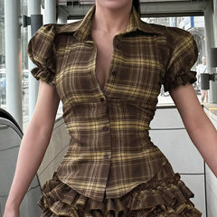 LIZAKOSHT  -  Back Shirred Plaid Blouse Brown French Style Turn-down Collar Single-breasted Shirts Vintage Puff Short Sleeve Tops