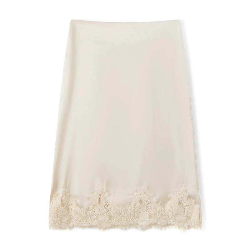LIZAKOSHT  -  Women Satin Lace Trim Maxi Skirt Silk Lace Patchwork Silk High Waist Midi Skirt Lady Flowy Work Half Slip Long Skirt