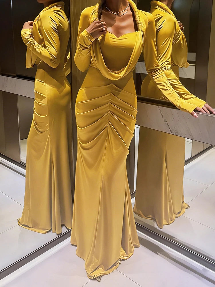 LIZAKOSHT  -  Hipster Swing Collar Long Dress Woman Full Sleeve Prom Party Casual Elegant Skinny High Stretch Midnight Ruched Vestidos