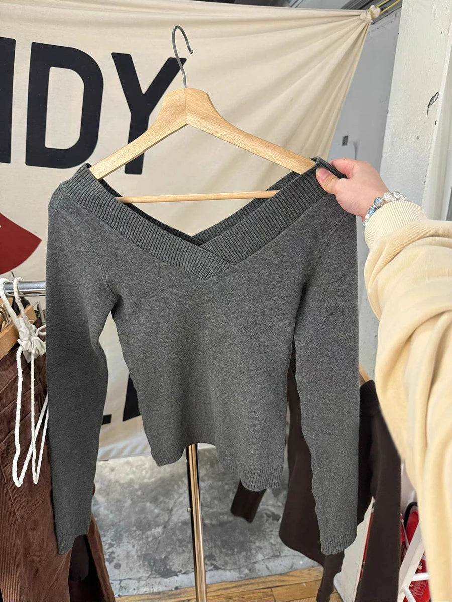 LIZAKOSHT  -  Grey Double V-neck Sweater Woman Spring Long Sleeve Cotton Slim Knitwear Female Casual Vintage Simple Solid All-match Jumpers