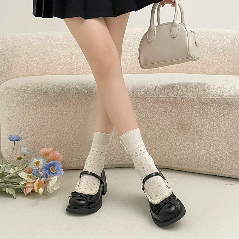 LIZAKOSHT  -  Cute Polka Dot Thick Heel Women Mary Jane Shoes Comfort Shallow Strap Pumps Ladies Eelgant Butterfly-knot Dress Single Shoes