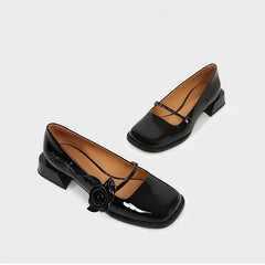 LIZAKOSHT  -  rose flower patent leather shoes woman brand designer sqaure toe pumps female thick heel button strap mary janes talons hauts