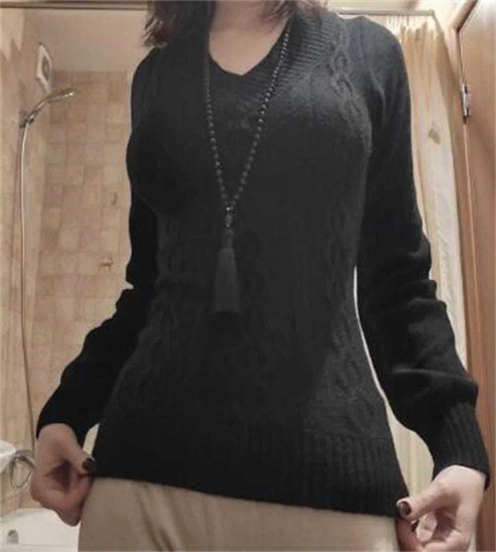 LIZAKOSHT  -   Ladies V-Neck Knitted Sweater Sweet Off Shoulder Loose Autumn Winter Outerwear Comfortable Long Sleeve Tops Grey Pullovers Tops