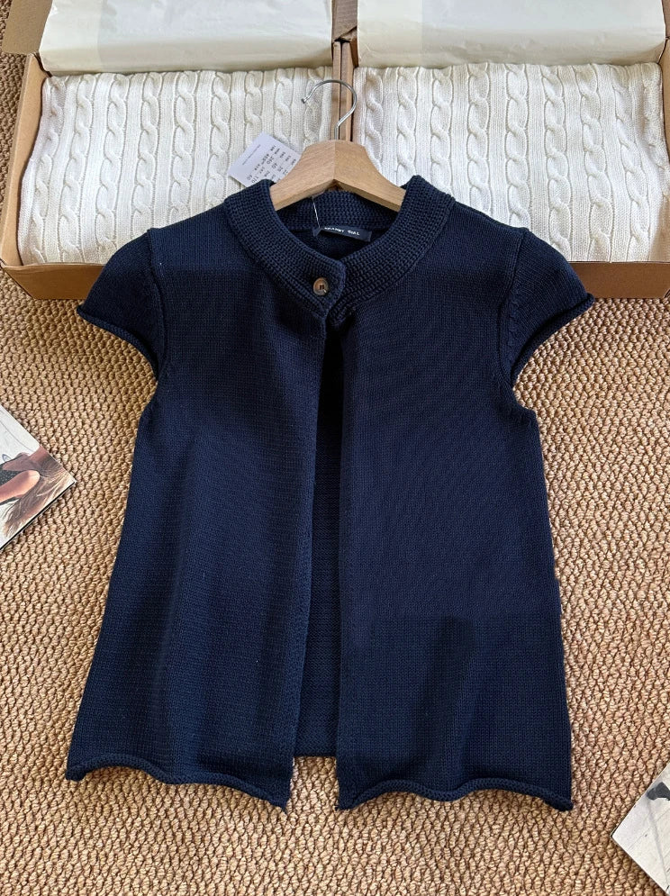 LIZAKOSHT  -   Sweet White Knitted Cardigan Women Simple Cotton Single Button Neckline Short Sleeve Sweater Vintage Preppy Style Outfit Top Y2K