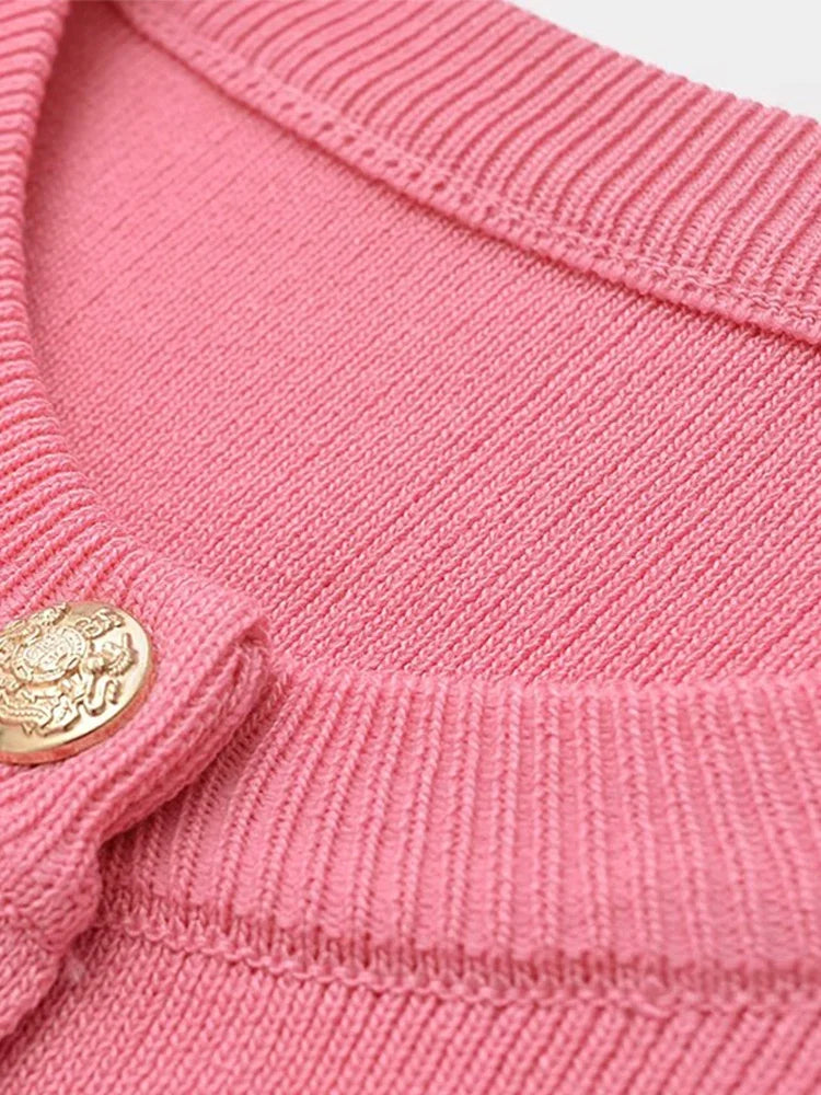 LIZAKOSHT  -  Gold Button Pocket Knitted Short Dresses Solid Color Round Neck French Simple Slimming Fashion Single Breasted Straight Dress