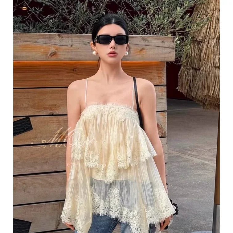 LIZAKOSHT  -  Romantic Wild Lace Strap Backless Women's Dress Floral  Spring Summer Vacation Style High Waist Loose Fit A-Line Skirt