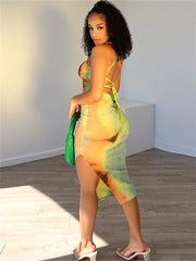 LIZAKOSHT  -  Summer Tie-dye Print Sexy Bandage Camisole Maxi Dress Vacation Outfit For Women 2024 Backless Split Beach Party Vestidos