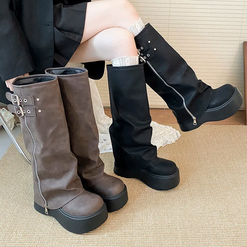 LIZAKOSHT  -  Chunky Style Women Knight High Boots Designer Belt Buckle Platform Heel Shoes Autumn Winter Thick Sole Ladies Long Booties