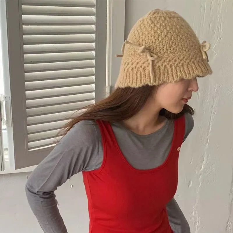 Lizakosht Ins Bow Decoration Cute Women's Hats Autumn and Winter Korean Version Casual Versatile Solid Color Warm Knitted Bucket Caps