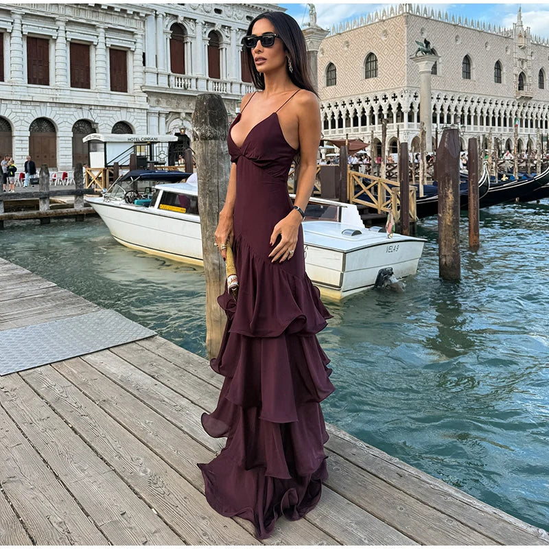 LIZAKOSHT  -  Sexy Solid Ruffles Sling Dress Women Sleeveless Backless Empire V-neck Long Party Dresses Female Spring Chic Lady A-line Robes