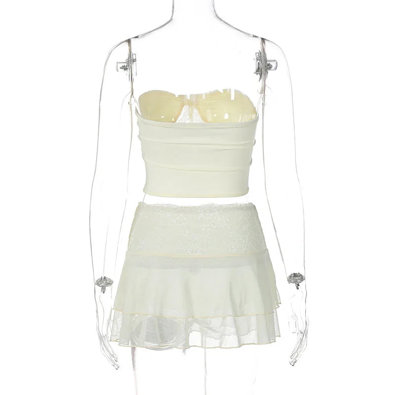 LIZAKOSHT  -  Women Sexy See Through Lace Mesh Ruffles 2 Piece Set Strapless Backless Crop Tops + Mini Skirts Night Clubwear Party Suits