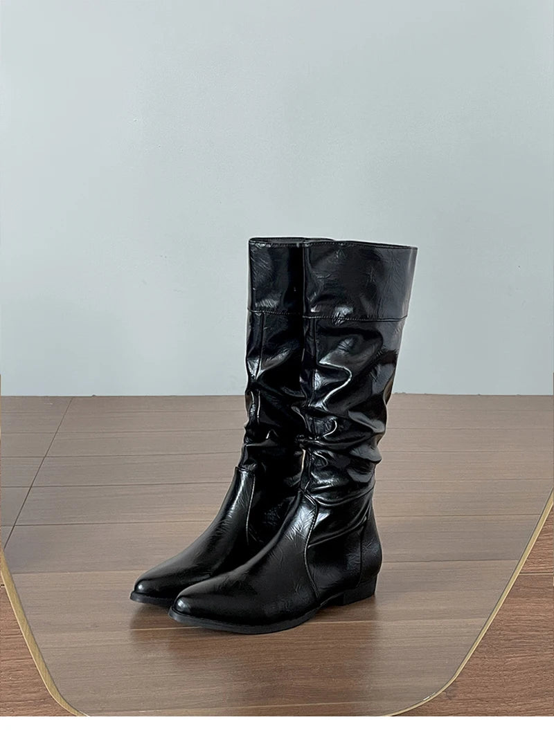 LIZAKOSHT  -  Cosy Soft Leather Women Knee High Boots Fashion Slip On Knight Long Booties Winter Internal Elevation Shoes Zapatos De Mujer