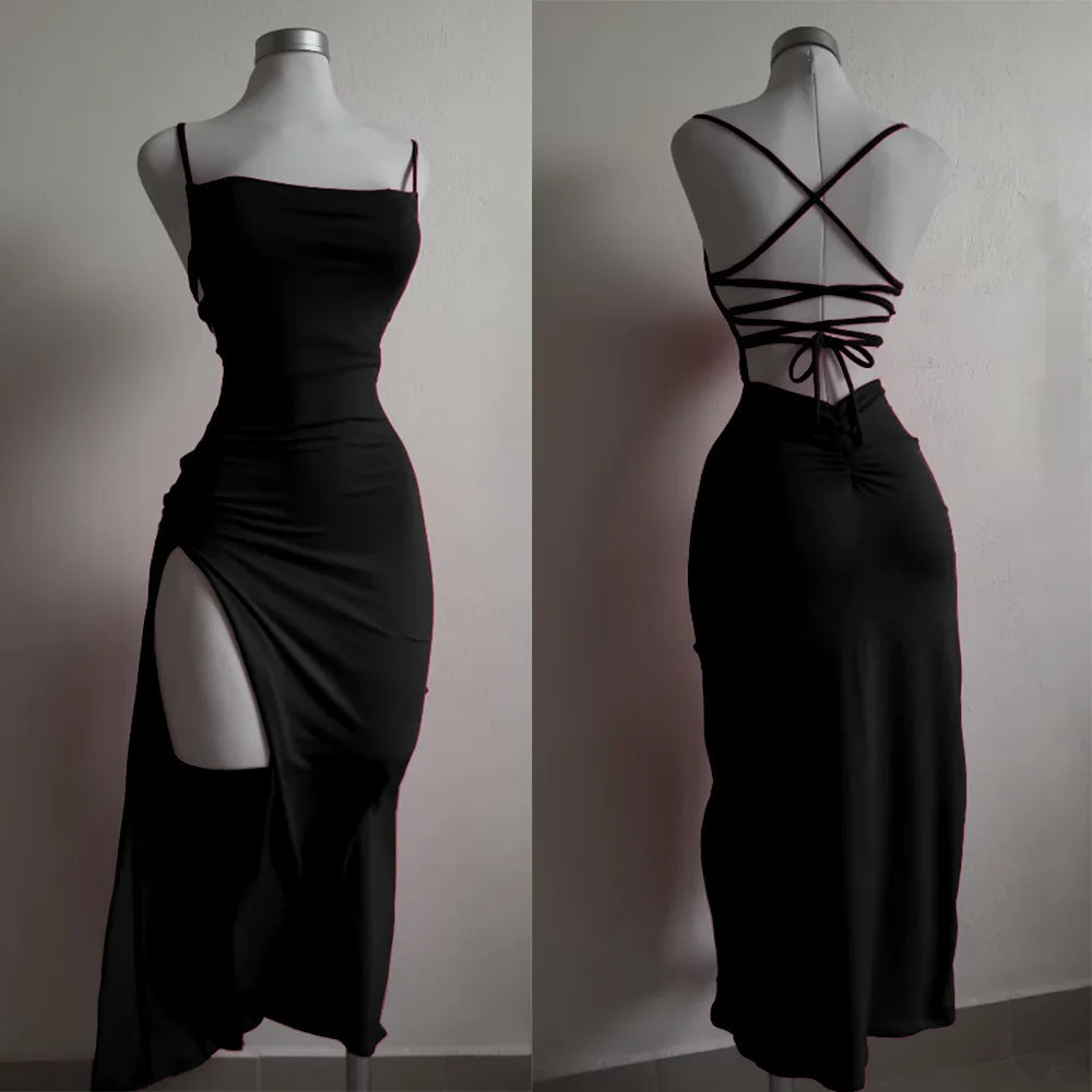 LIZAKOSHT  -  Sexy Holiday Backless Lace Up Long Dress Women Split Sleeveless Bodycon Party Evening Dresses High Street Female Suspender Robes