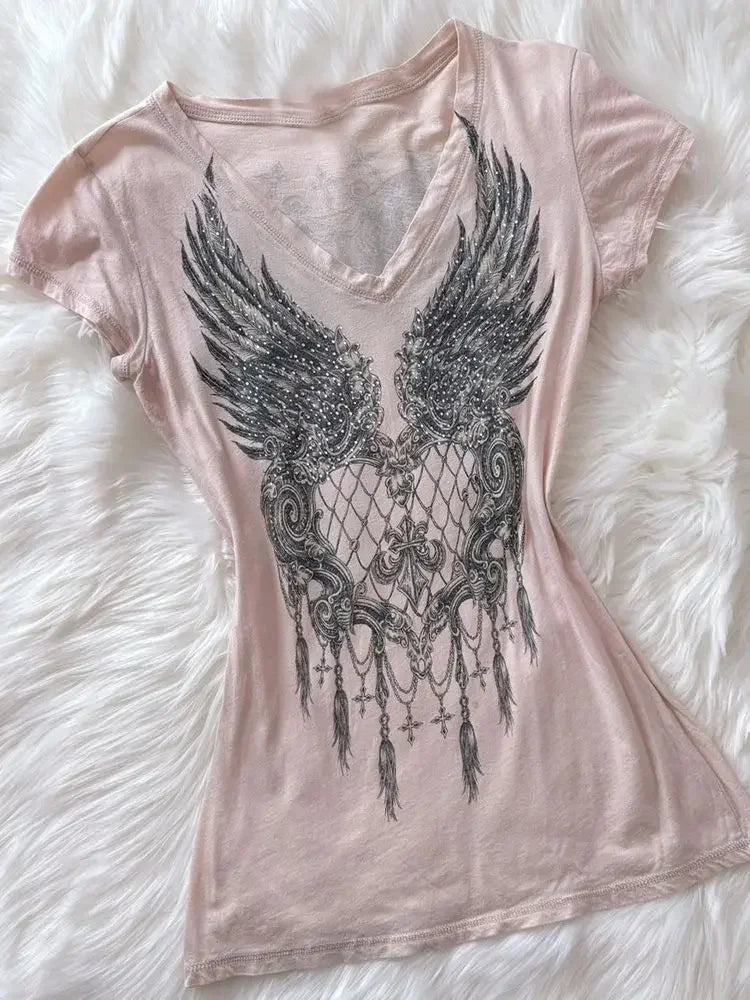 LIZAKOSHT  -  Ropa Mujer Pink Angel T-shirts Vintage Camisetas Print T Shirt Goth Academia American Grunge Subcultural High Street Tops