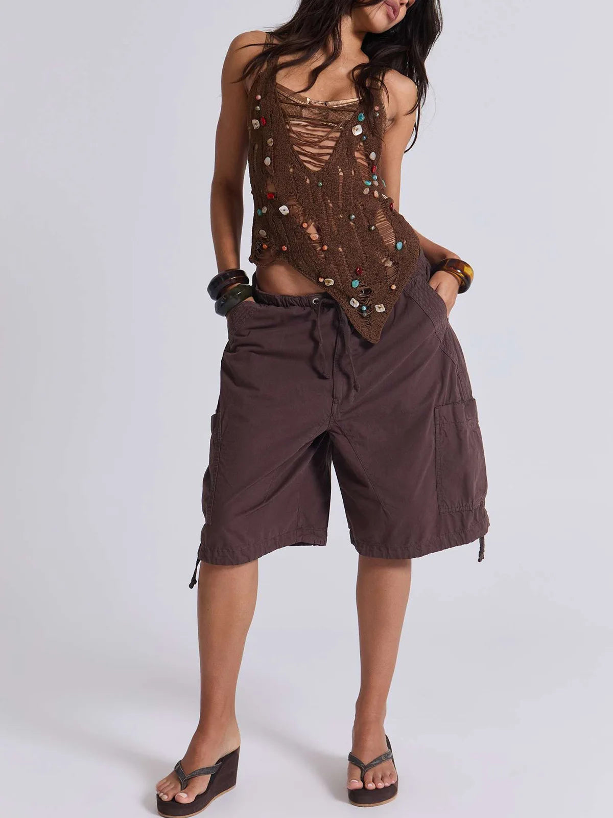 LIZAKOSHT  -  Euramerican Safari Style Drawstring Half Pants Y2k All Match Side Pockets Design Casual Women Wide Trousers Stright Short Pants