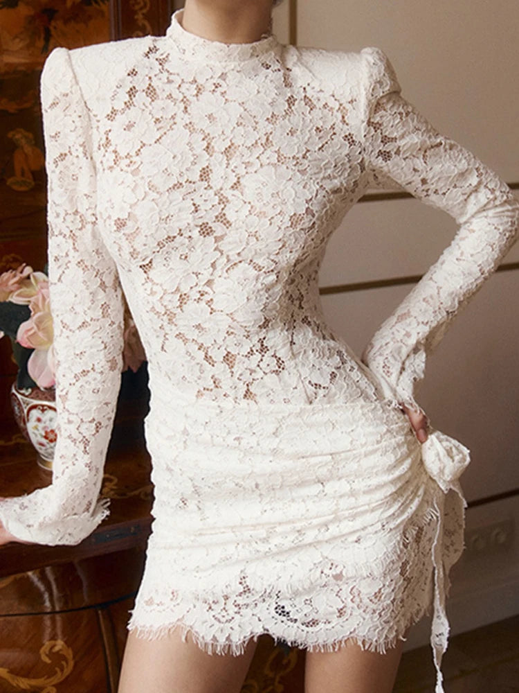LIZAKOSHT  -  Elegant Lace Embroidery Mesh Party Dress Women Long Sleeve 3d Flower Bodycon Dresses Half High Neck Trendy Party Hip Wrap Dress
