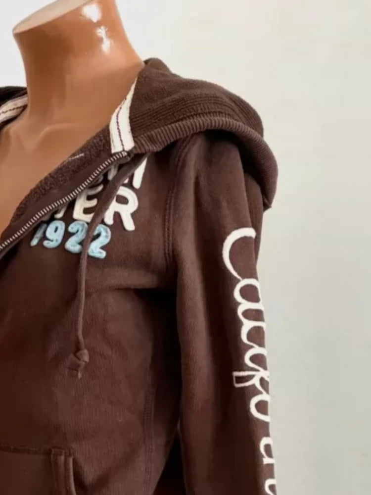 LIZAKOSHT  -  Y2k Aesthetic Letter Embroidery Vintage Coats Streetwear Women Casual Hooded Autumn Jackets Harajuku Pocket Grunge Casual Jacket