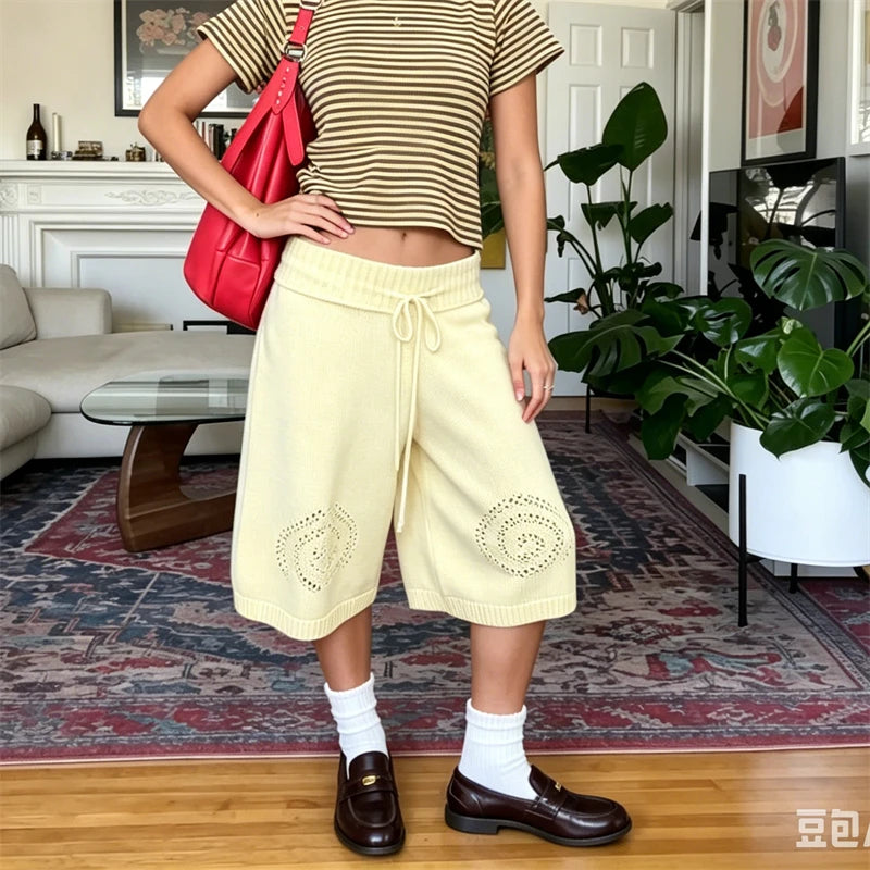 LIZAKOSHT  -  Women Y2k Drawstring Waist Knit Culottes Shorts Hollow Out Eyelet Floral Loose Wide Leg Mid Calf Capri Pants Loungewear Bottoms