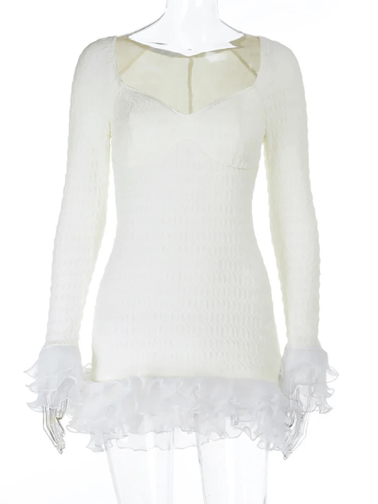 LIZAKOSHT  -  Patchwork Sexy V-neck Mesh Ruffle Women Dress White Flare Sleeve A-line Mini Dress Autumn Slim Elegant Party Clubwear