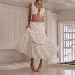LIZAKOSHT  -  Vintage Frill Strap Front Tie Up Crop Tops + Maxi A-line Skirt Elegant Women Chic 2 Piece Set Fairy Y2K Matching Outfits