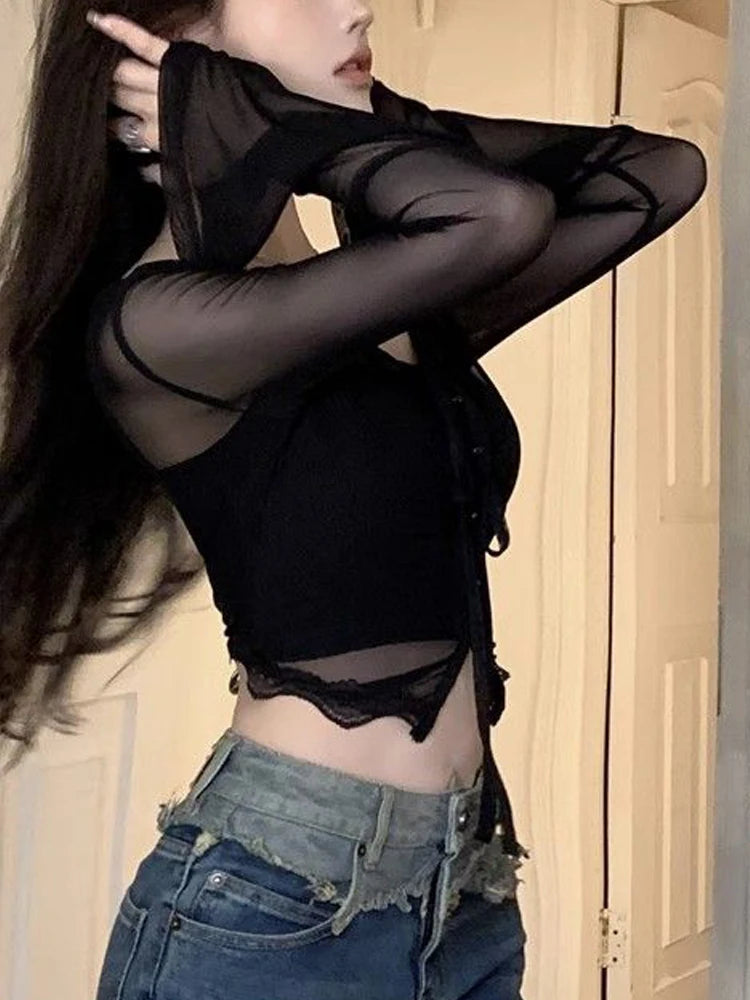 LIZAKOSHT  -  Women T-Shirts Y2K Irregular Crop Tops Female Hotsweet Fashion Slim 2 Piece Set Ladies Sexy Spicy Girl Basic Tight T Shirt
