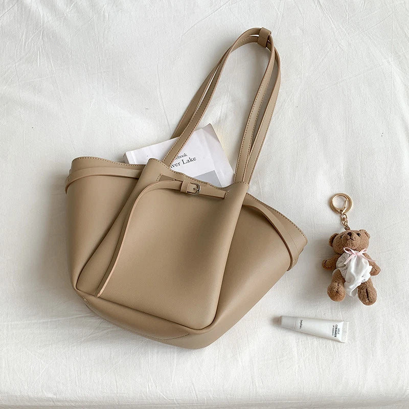 LIZAKOSHT  -  Soft PU Large Capacity Tote Bag Women Fashion Korean Style Commuter Shoulder Bag Solid Color Retro Minimalist Handbag