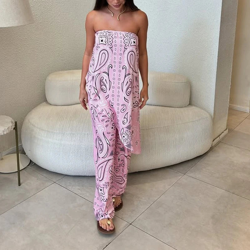 LIZAKOSHT  -  Summer Hawaii Casual Vacation Two Piece Sets Elegant Women Simple Set Fashion Tube Top Pattern Printed Irregular Tops&Pants Sets