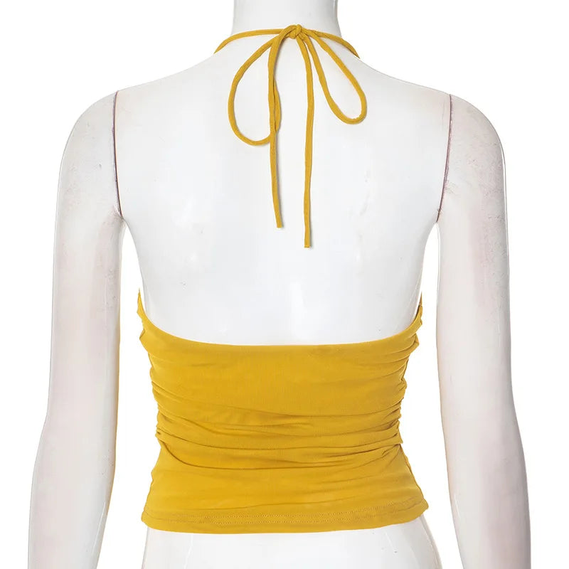 LIZAKOSHT  -  European and American hot girls women's spring summer new solid color sexy backless mesh halterneck top women's 2025