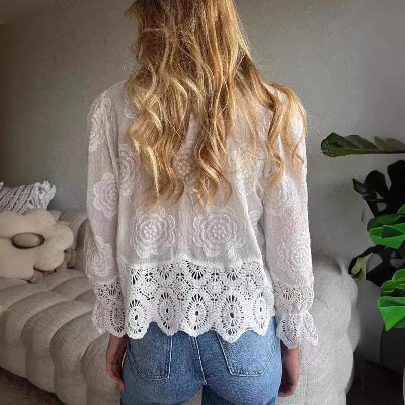LIZAKOSHT  -  Spring Floral Embroidery Long Sleeve Cardigan Women Causal Lace Stitching Tops Temperament 2024 Chiffon V-neck Blouse Blusa New