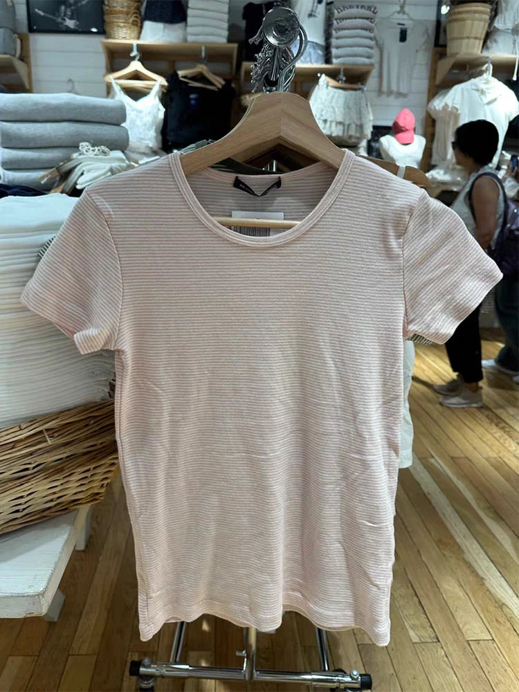 LIZAKOSHT  -  Pink Striped Slim T-shirts Woman Summer Round Neck Short Sleeve Tee Shirts Female Sweet Cute Preppy Style Cotton Tshirt Y2k Tops
