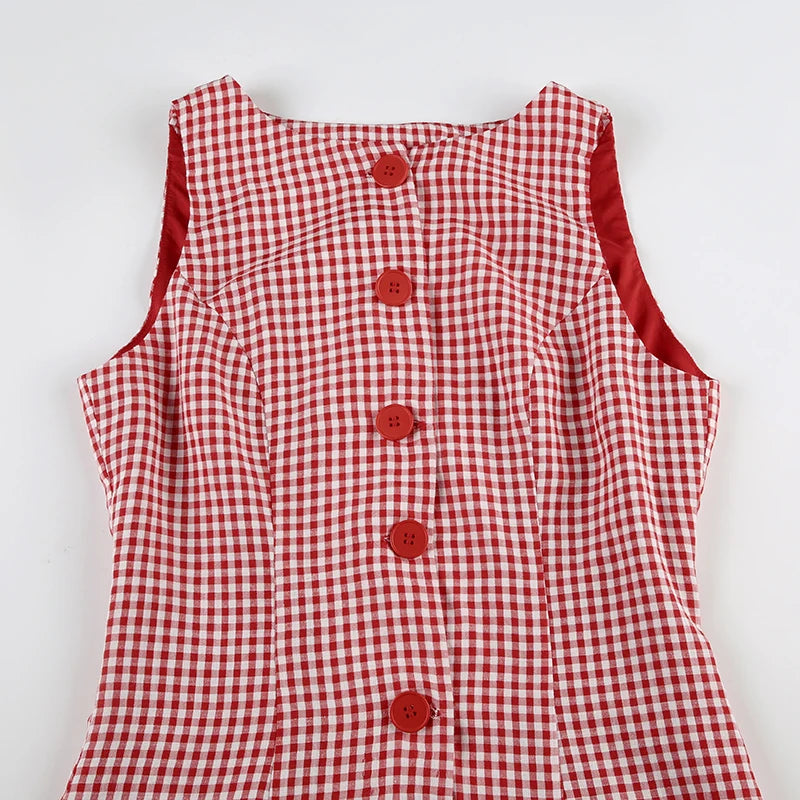 LIZAKOSHT  -  Women Red Plaid Sleeveless Buttons Short Dress Elegant Fashion Lady Streetwear Summer Y2K Sexy Crew Neck Mini Dresses