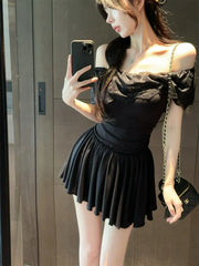 LIZAKOSHT  -  Pure Lustrous Ruffled Off-shoulder Lace Spliced pleated Waist-hugging Design Sweet Princess Dress
