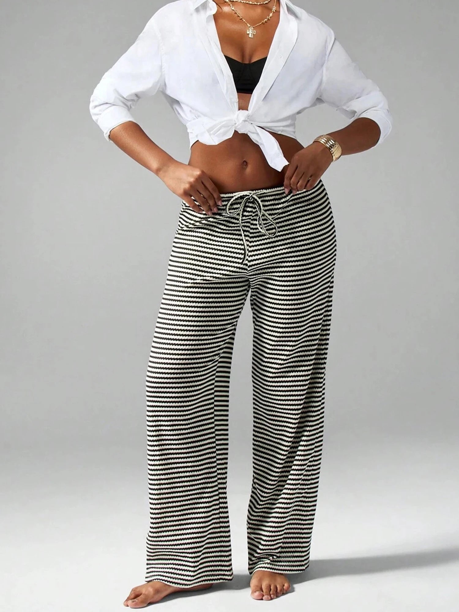 LIZAKOSHT  -  Stylish Women s Striped Trousers with Drawstring Waistband Loose Fit and Low Rise - Versatile Casual Pants for Any Occasion