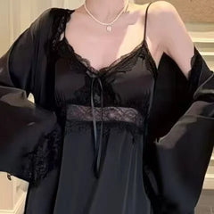 LIZAKOSHT  -  Elegant Women Suspender Nightgown Set with Thin Cardigan Soft Solid Color Homewear French Style Casual Daily Loungewear