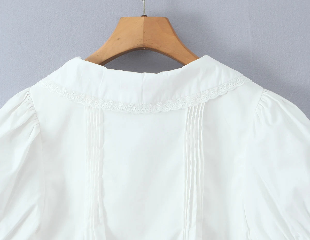 LIZAKOSHT  -  Stylish White Spliced Lace Short Puff Sleeve Shirt Women Peter Pan Collar Bow Hem Loose Crop Tops