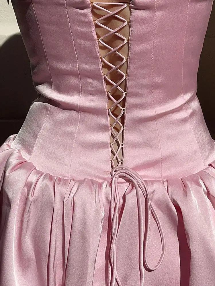 LIZAKOSHT  -  Elegant Pink Strapless Women Mini Dress Fashion Backless Sleeveless Pleated Hem Dresses 2024 Summer Lady Slim Party A-line Robes
